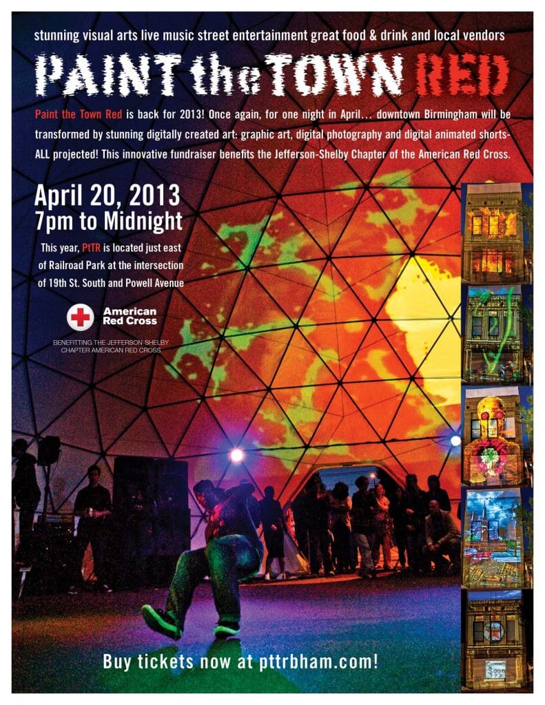 Flyer for Paint the Town Red, an annual festival in Birmingham benefitting the American Red Cross